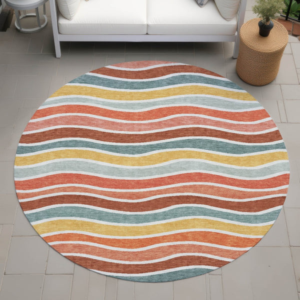 HomeRoots 8' Coral Gold and Peach Round Striped Washable Area Rug - Durable, Stylish, Indoor/Outdoor Comfort 659810