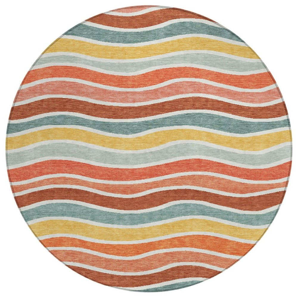 HomeRoots 8' Coral Gold and Peach Round Striped Washable Area Rug - Durable, Stylish, Indoor/Outdoor Comfort 659810