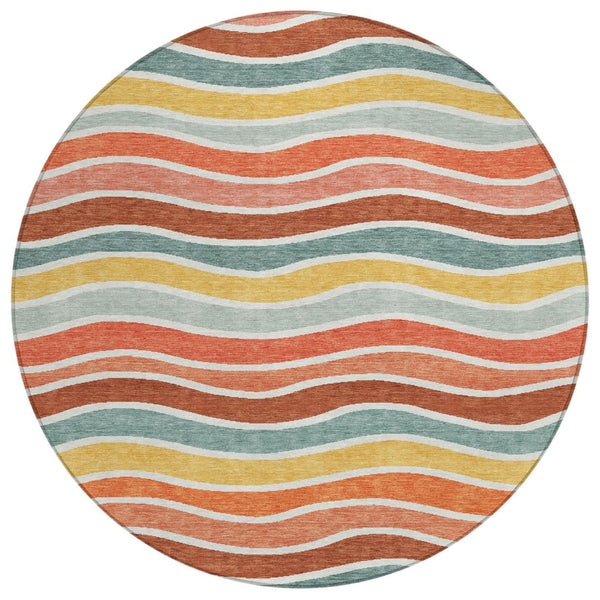HomeRoots 8' Coral Gold and Peach Round Striped Washable Area Rug - Durable, Stylish, Indoor/Outdoor Comfort 659810