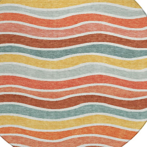 HomeRoots 8' Coral Gold and Peach Round Striped Washable Area Rug - Durable, Stylish, Indoor/Outdoor Comfort 659810
