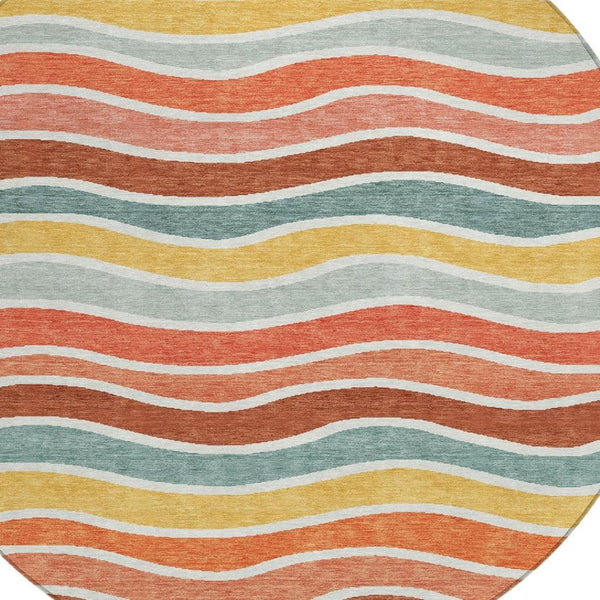 HomeRoots 8' Coral Gold and Peach Round Striped Washable Area Rug - Durable, Stylish, Indoor/Outdoor Comfort 659810