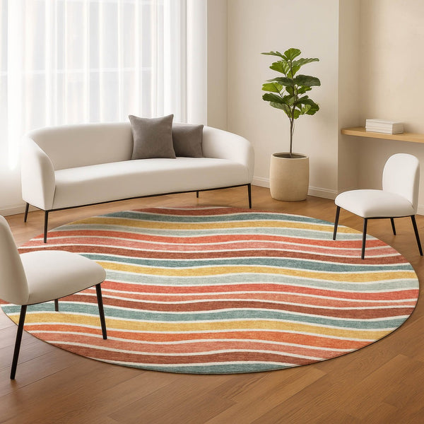 HomeRoots 8' Coral Gold and Peach Round Striped Washable Area Rug - Durable, Stylish, Indoor/Outdoor Comfort 659810
