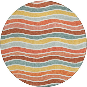 HomeRoots 8' Coral Gold and Peach Round Striped Washable Area Rug - Durable, Stylish, Indoor/Outdoor Comfort 659810