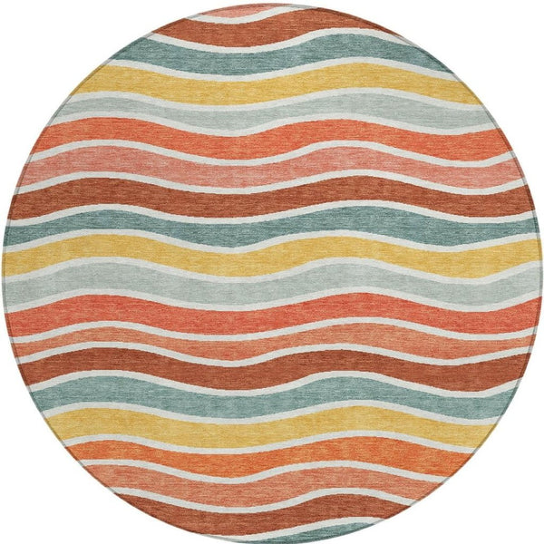 HomeRoots 8' Coral Gold and Peach Round Striped Washable Area Rug - Durable, Stylish, Indoor/Outdoor Comfort 659810