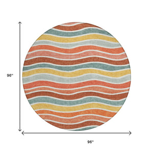 HomeRoots 8' Coral Gold and Peach Round Striped Washable Area Rug - Durable, Stylish, Indoor/Outdoor Comfort 659810