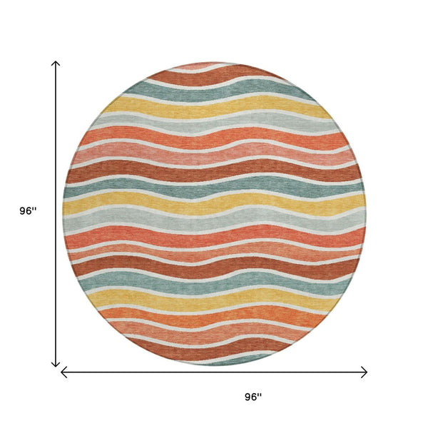 HomeRoots 8' Coral Gold and Peach Round Striped Washable Area Rug - Durable, Stylish, Indoor/Outdoor Comfort 659810