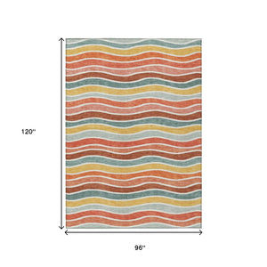 HomeRoots 8' X 10' Coral Gold Peach Striped Washable Area Rug - Stylish, Durable, Perfect for Indoor & Outdoor Use 659811