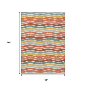 HomeRoots 9' Coral Gold Peach Striped Washable Area Rug – Durable Indoor/Outdoor Style for High-Traffic Spaces 659812