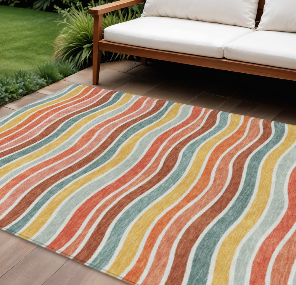 HomeRoots 9' Coral Gold Peach Striped Washable Area Rug – Durable Indoor/Outdoor Style for High-Traffic Spaces 659812