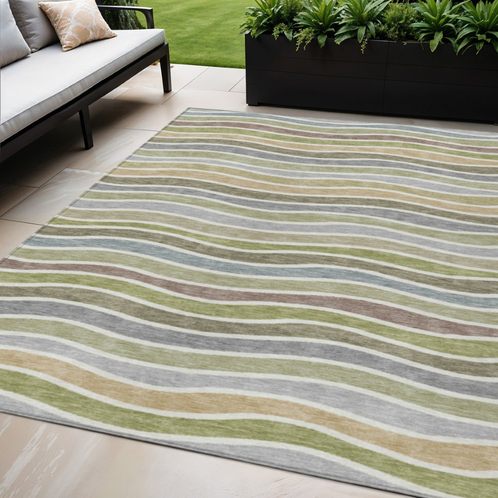 HomeRoots 5' Stylish Striped Washable Area Rug in Fern Green, Ivory & Wheat - Durable for Indoor & Outdoor Use 659815