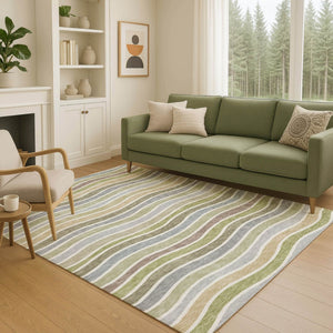 HomeRoots 5' Stylish Striped Washable Area Rug in Fern Green, Ivory & Wheat - Durable for Indoor & Outdoor Use 659815