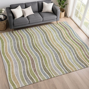 HomeRoots 5' Stylish Striped Washable Area Rug in Fern Green, Ivory & Wheat - Durable for Indoor & Outdoor Use 659815