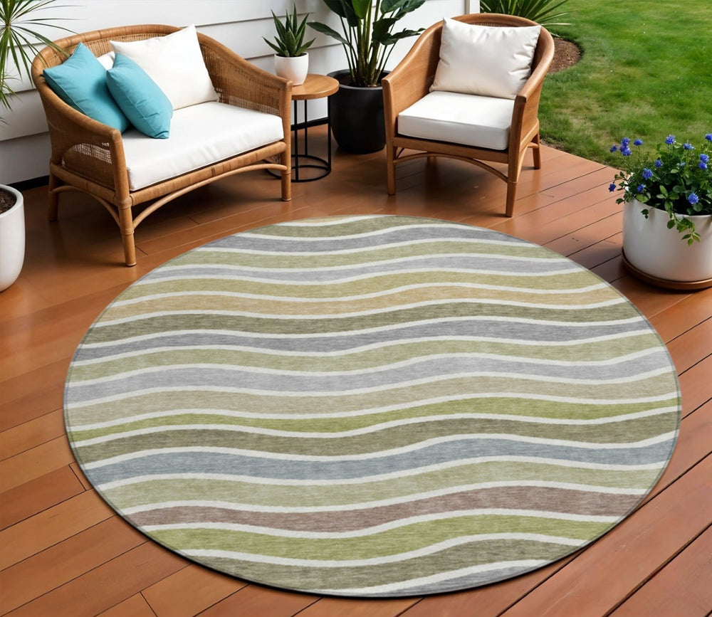 HomeRoots 8' Stylish Round Striped Rug in Fern Green, Ivory & Wheat – Durable, Washable for Indoor/Outdoor Use 659816