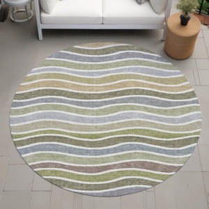 HomeRoots 8' Stylish Round Striped Rug in Fern Green, Ivory & Wheat – Durable, Washable for Indoor/Outdoor Use 659816