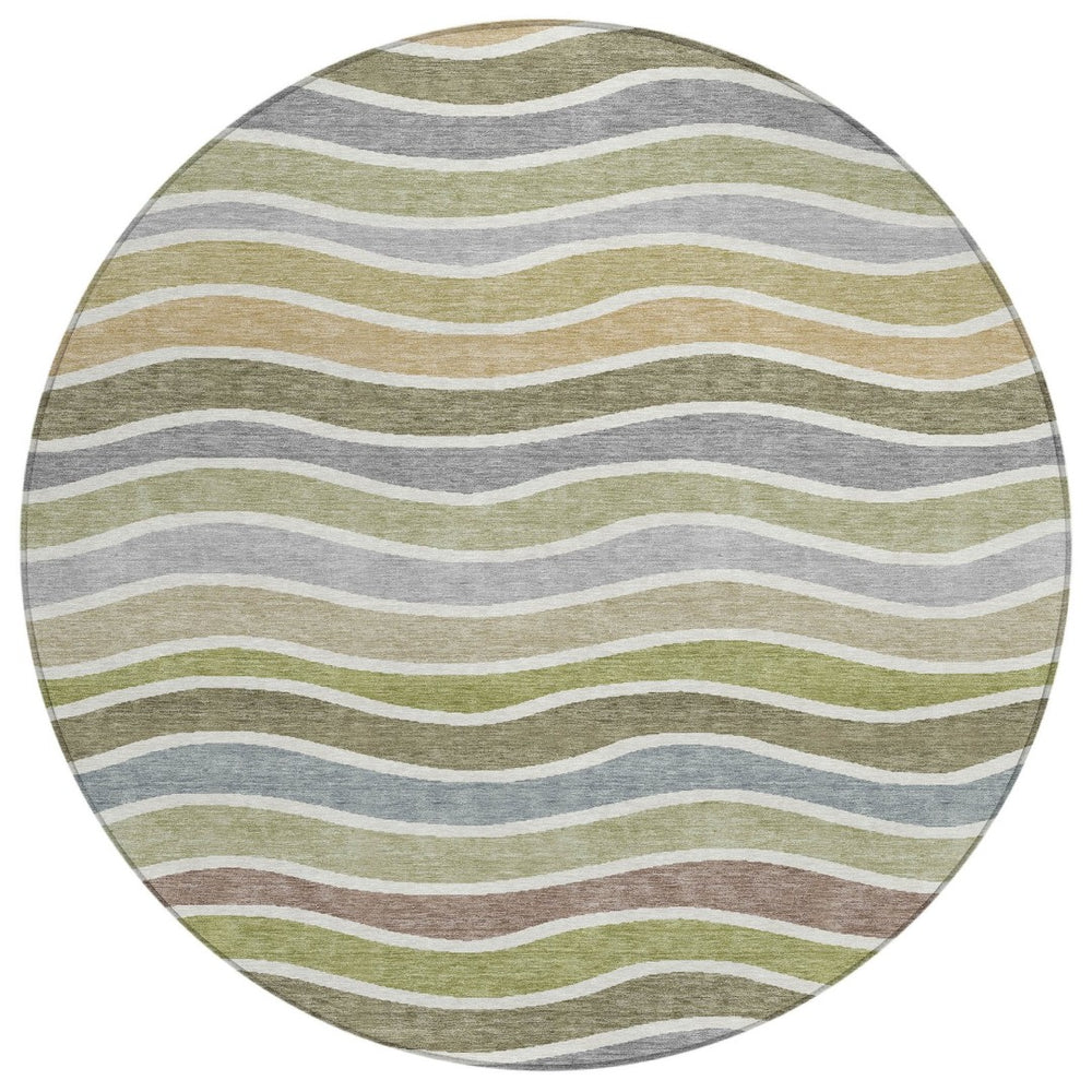 HomeRoots 8' Stylish Round Striped Rug in Fern Green, Ivory & Wheat – Durable, Washable for Indoor/Outdoor Use 659816