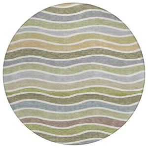 HomeRoots 8' Stylish Round Striped Rug in Fern Green, Ivory & Wheat – Durable, Washable for Indoor/Outdoor Use 659816