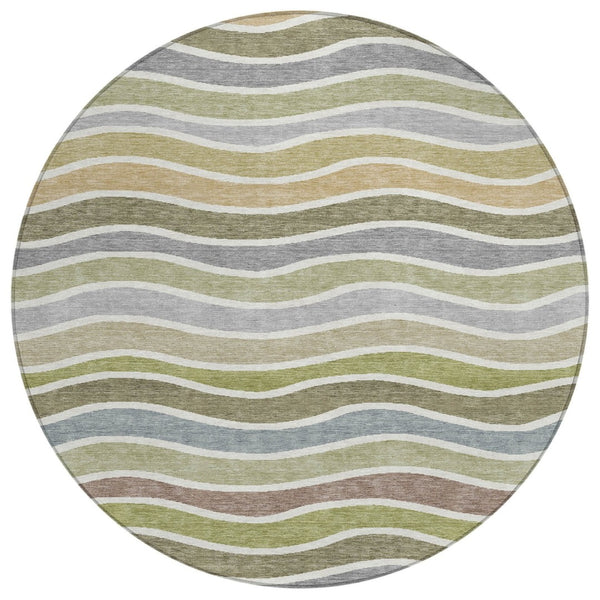 HomeRoots 8' Stylish Round Striped Rug in Fern Green, Ivory & Wheat – Durable, Washable for Indoor/Outdoor Use 659816