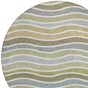 HomeRoots 8' Stylish Round Striped Rug in Fern Green, Ivory & Wheat – Durable, Washable for Indoor/Outdoor Use 659816