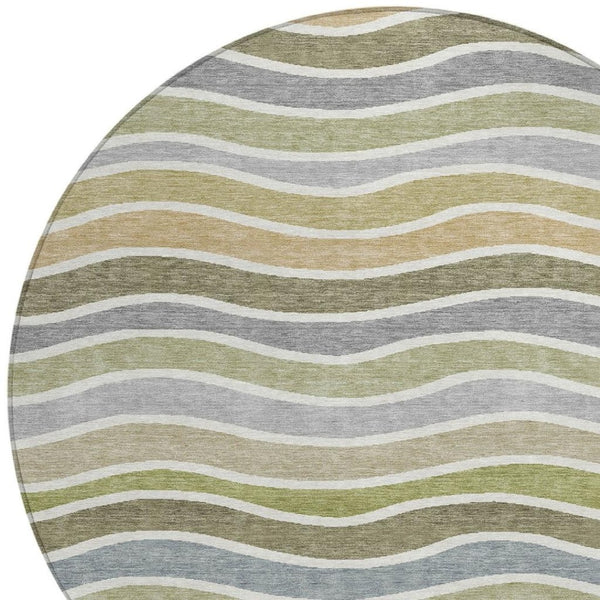 HomeRoots 8' Stylish Round Striped Rug in Fern Green, Ivory & Wheat – Durable, Washable for Indoor/Outdoor Use 659816