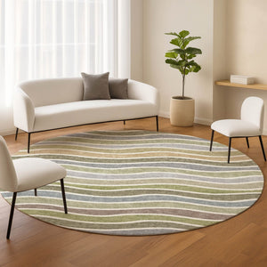 HomeRoots 8' Stylish Round Striped Rug in Fern Green, Ivory & Wheat – Durable, Washable for Indoor/Outdoor Use 659816