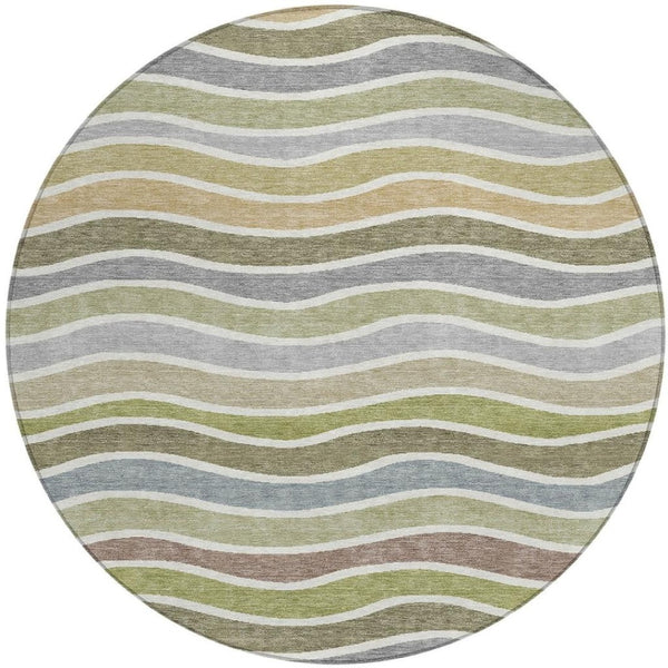 HomeRoots 8' Stylish Round Striped Rug in Fern Green, Ivory & Wheat – Durable, Washable for Indoor/Outdoor Use 659816
