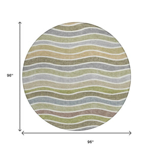 HomeRoots 8' Stylish Round Striped Rug in Fern Green, Ivory & Wheat – Durable, Washable for Indoor/Outdoor Use 659816