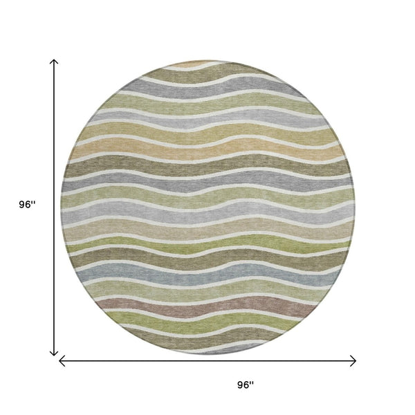 HomeRoots 8' Stylish Round Striped Rug in Fern Green, Ivory & Wheat – Durable, Washable for Indoor/Outdoor Use 659816