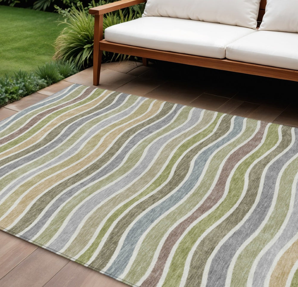 HomeRoots 8' X 10' Washable Fern Green and Ivory Striped Area Rug - Durable, Stain-Resistant for Indoor/Outdoor Use 659817