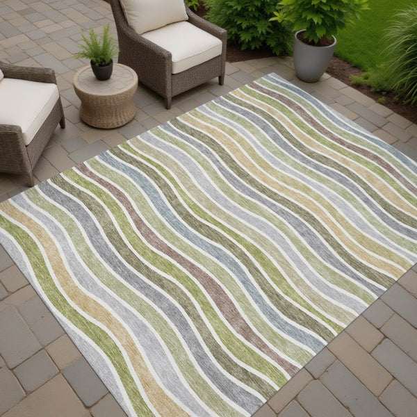 HomeRoots 8' X 10' Washable Fern Green and Ivory Striped Area Rug - Durable, Stain-Resistant for Indoor/Outdoor Use 659817