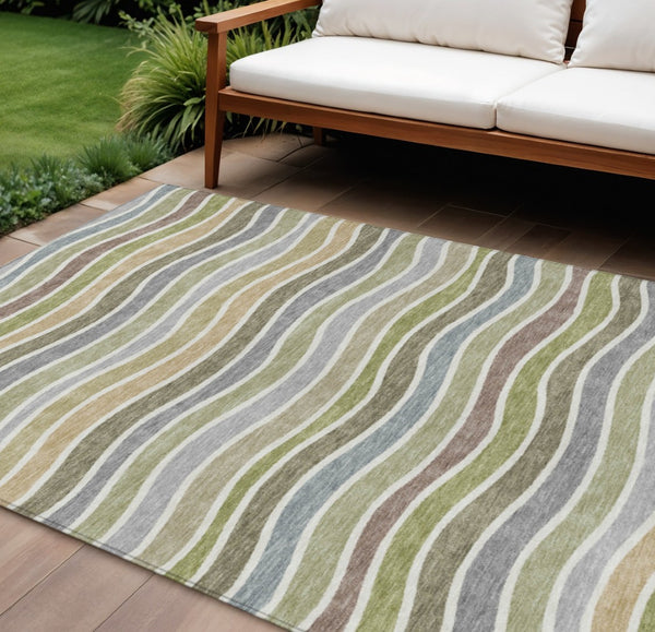 HomeRoots 9' Stylish Striped Washable Indoor Outdoor Area Rug in Fern Green, Ivory & Wheat - Durable & Versatile 659818