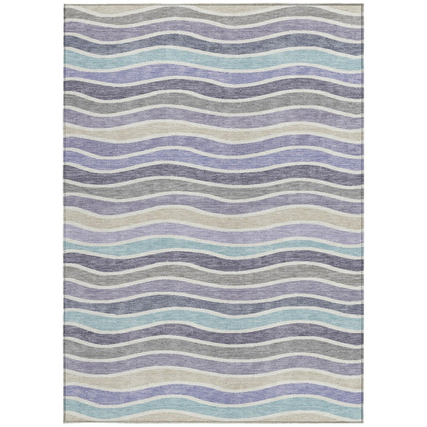 HomeRoots 5' Stylish Lavender Tan Ivory Striped Indoor Outdoor Rug - Durable, Washable, Stain-Resistant Design 659821