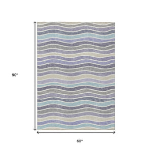 HomeRoots 5' Stylish Lavender Tan Ivory Striped Indoor Outdoor Rug - Durable, Washable, Stain-Resistant Design 659821