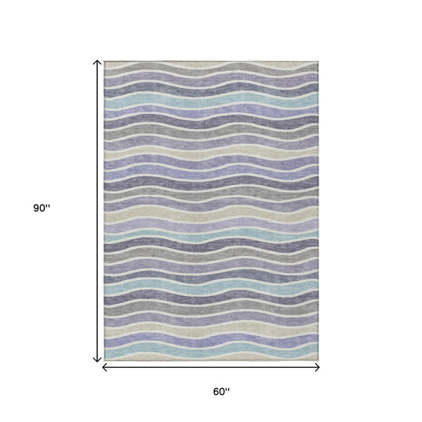 HomeRoots 5' Stylish Lavender Tan Ivory Striped Indoor Outdoor Rug - Durable, Washable, Stain-Resistant Design 659821