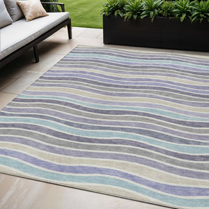 HomeRoots 5' Stylish Lavender Tan Ivory Striped Indoor Outdoor Rug - Durable, Washable, Stain-Resistant Design 659821