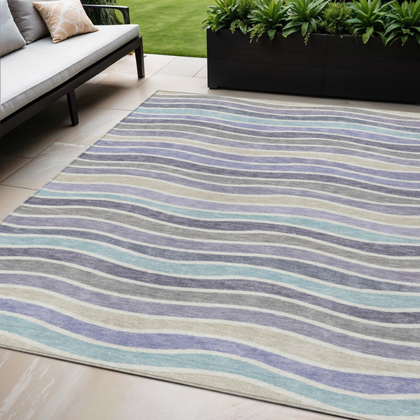 HomeRoots 5' Stylish Lavender Tan Ivory Striped Indoor Outdoor Rug - Durable, Washable, Stain-Resistant Design 659821