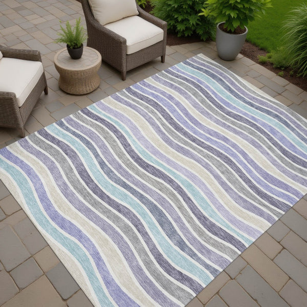 HomeRoots 5' Stylish Lavender Tan Ivory Striped Indoor Outdoor Rug - Durable, Washable, Stain-Resistant Design 659821