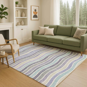 HomeRoots 5' Stylish Lavender Tan Ivory Striped Indoor Outdoor Rug - Durable, Washable, Stain-Resistant Design 659821