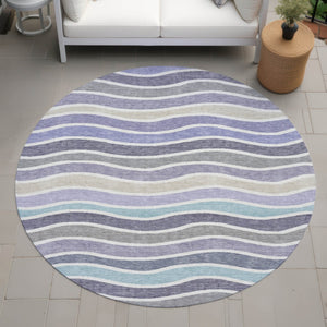 HomeRoots 8' Stylish Lavender Tan Ivory Round Striped Washable Area Rug for Indoor & Outdoor Spaces 659822