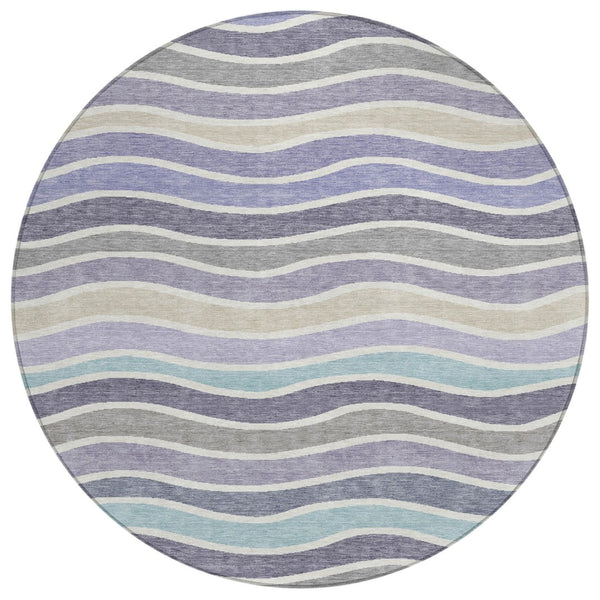 HomeRoots 8' Stylish Lavender Tan Ivory Round Striped Washable Area Rug for Indoor & Outdoor Spaces 659822