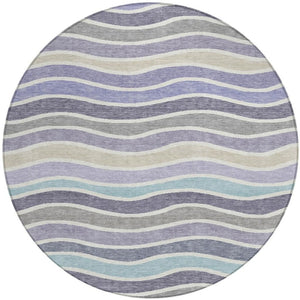 HomeRoots 8' Stylish Lavender Tan Ivory Round Striped Washable Area Rug for Indoor & Outdoor Spaces 659822