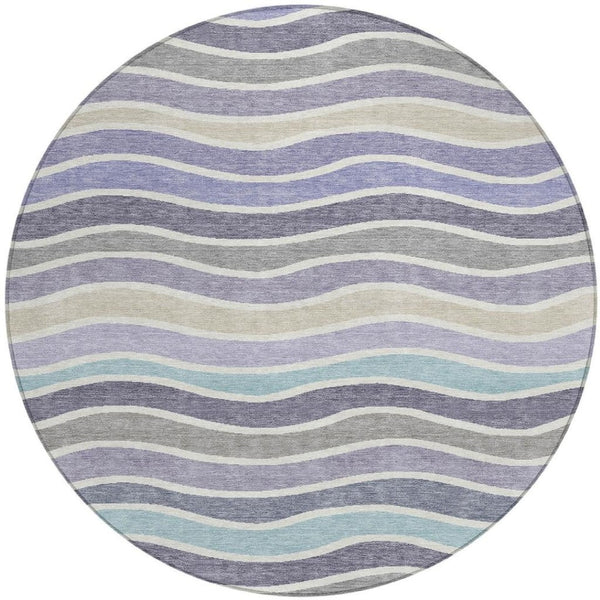 HomeRoots 8' Stylish Lavender Tan Ivory Round Striped Washable Area Rug for Indoor & Outdoor Spaces 659822
