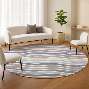 HomeRoots 8' Stylish Lavender Tan Ivory Round Striped Washable Area Rug for Indoor & Outdoor Spaces 659822