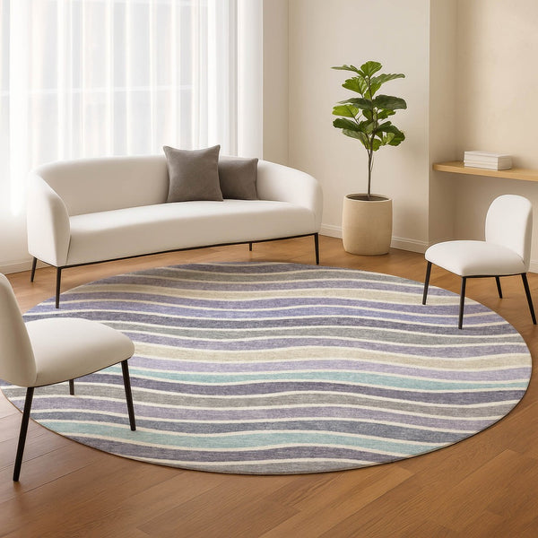 HomeRoots 8' Stylish Lavender Tan Ivory Round Striped Washable Area Rug for Indoor & Outdoor Spaces 659822