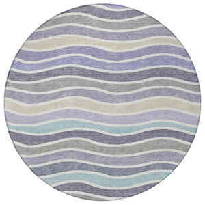HomeRoots 8' Stylish Lavender Tan Ivory Round Striped Washable Area Rug for Indoor & Outdoor Spaces 659822