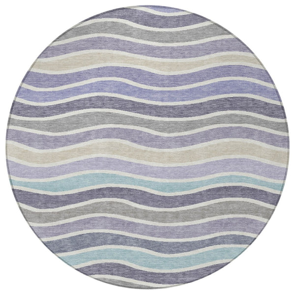 HomeRoots 8' Stylish Lavender Tan Ivory Round Striped Washable Area Rug for Indoor & Outdoor Spaces 659822