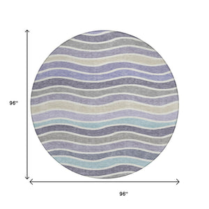 HomeRoots 8' Stylish Lavender Tan Ivory Round Striped Washable Area Rug for Indoor & Outdoor Spaces 659822