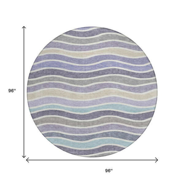 HomeRoots 8' Stylish Lavender Tan Ivory Round Striped Washable Area Rug for Indoor & Outdoor Spaces 659822