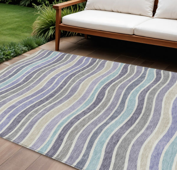 HomeRoots 9' Stylish Striped Lavender, Tan & Ivory Washable Area Rug - Durable Indoor/Outdoor Design for Any Space 659824
