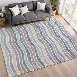 HomeRoots 9' Stylish Striped Lavender, Tan & Ivory Washable Area Rug - Durable Indoor/Outdoor Design for Any Space 659824