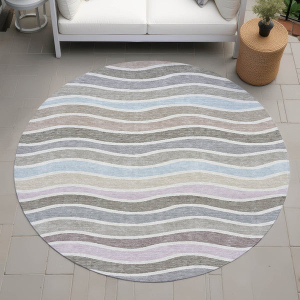 HomeRoots 8' Contemporary Round Striped Area Rug in Tan, Beige & Ivory - Washable for Indoor/Outdoor Use! 659828